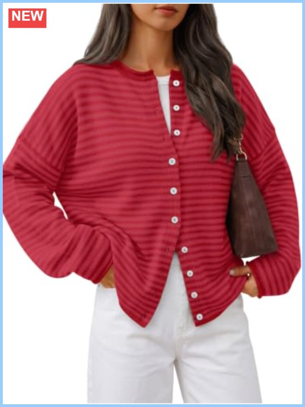 Oversized Striped Rolled Edge Cardigan Button Front Knit Fall Layering